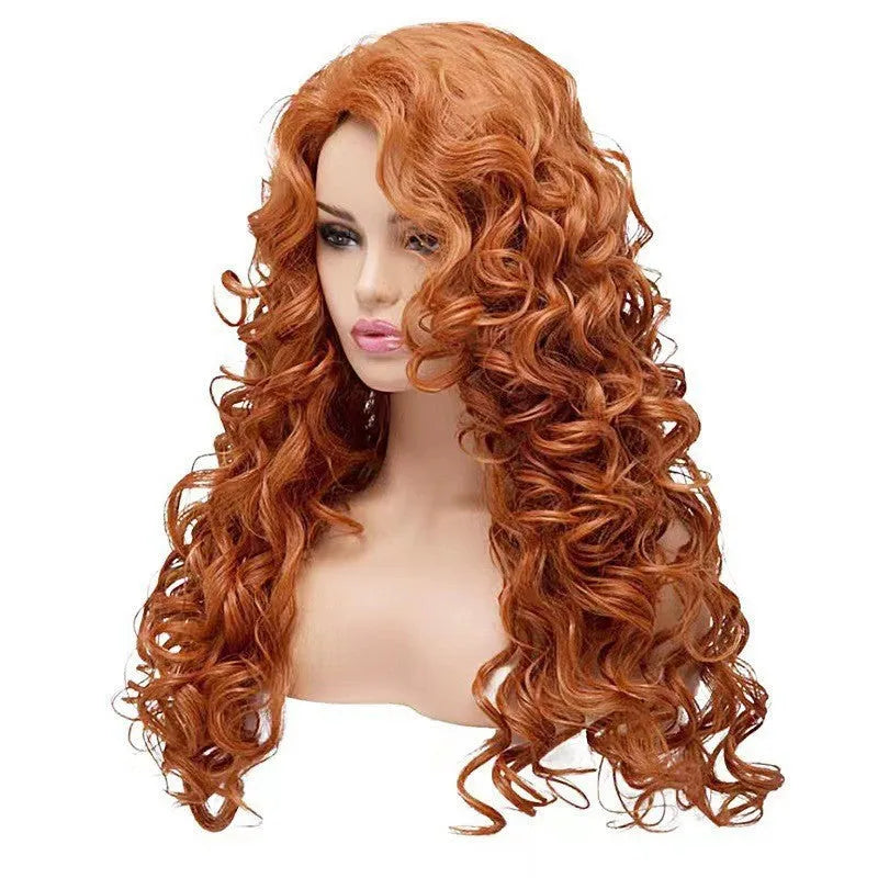 Long wavy curly brown synthetic wig with fluffy texture for Halloween cosplay.