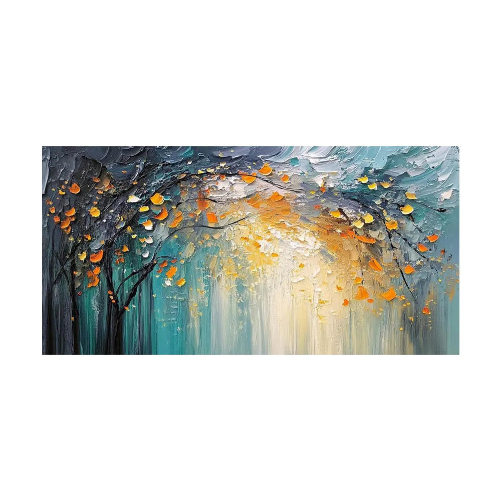 Hand-painted abstract forest oil painting on canvas in blue and golden yellow, one-panel horizontal wall art without frame