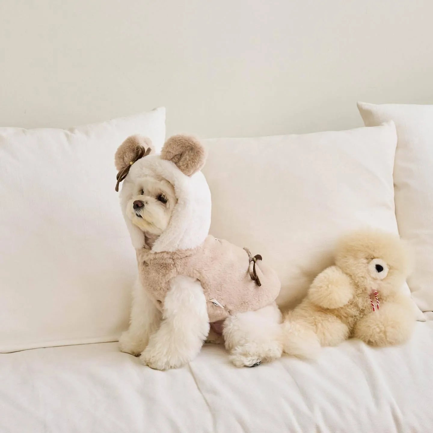 Light coffee coloured polyester pet warm coat for dogs or cats in size medium