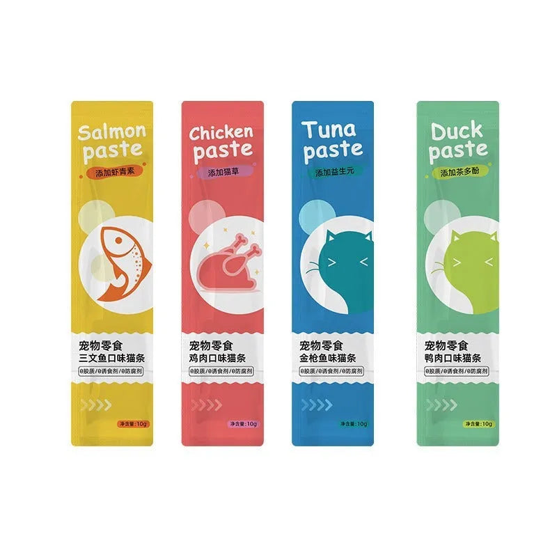 Assortment of cat strip snacks for kittens with four flavour varieties