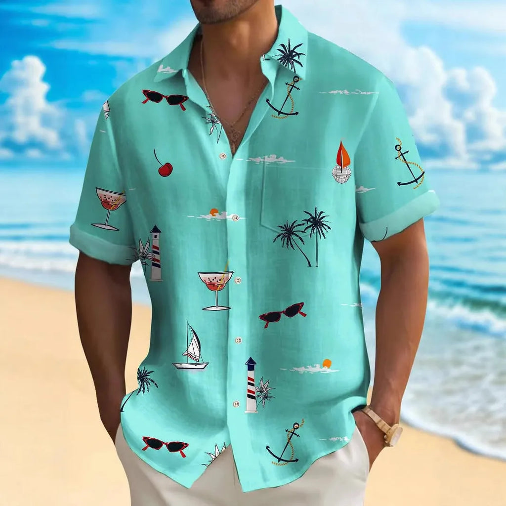 Man wearing a loose-fit, short-sleeve Hawaiian shirt with a digital floral print.