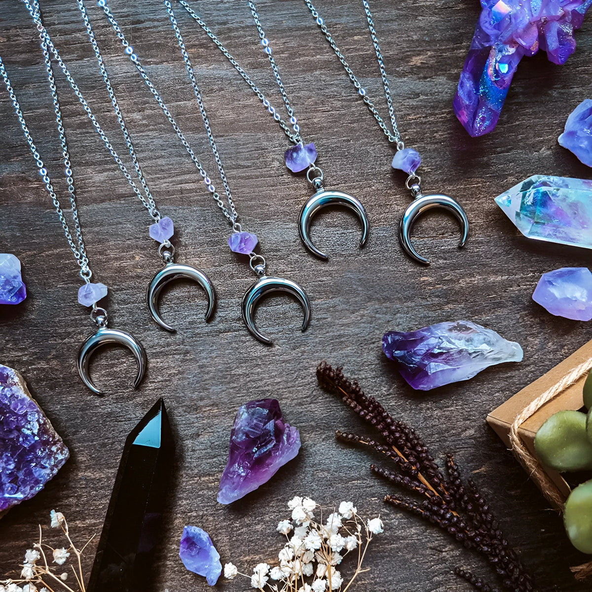 Silver moon pendant necklace with natural purple crystal on alloy chain, electroplated finish, simple style AQ-2151