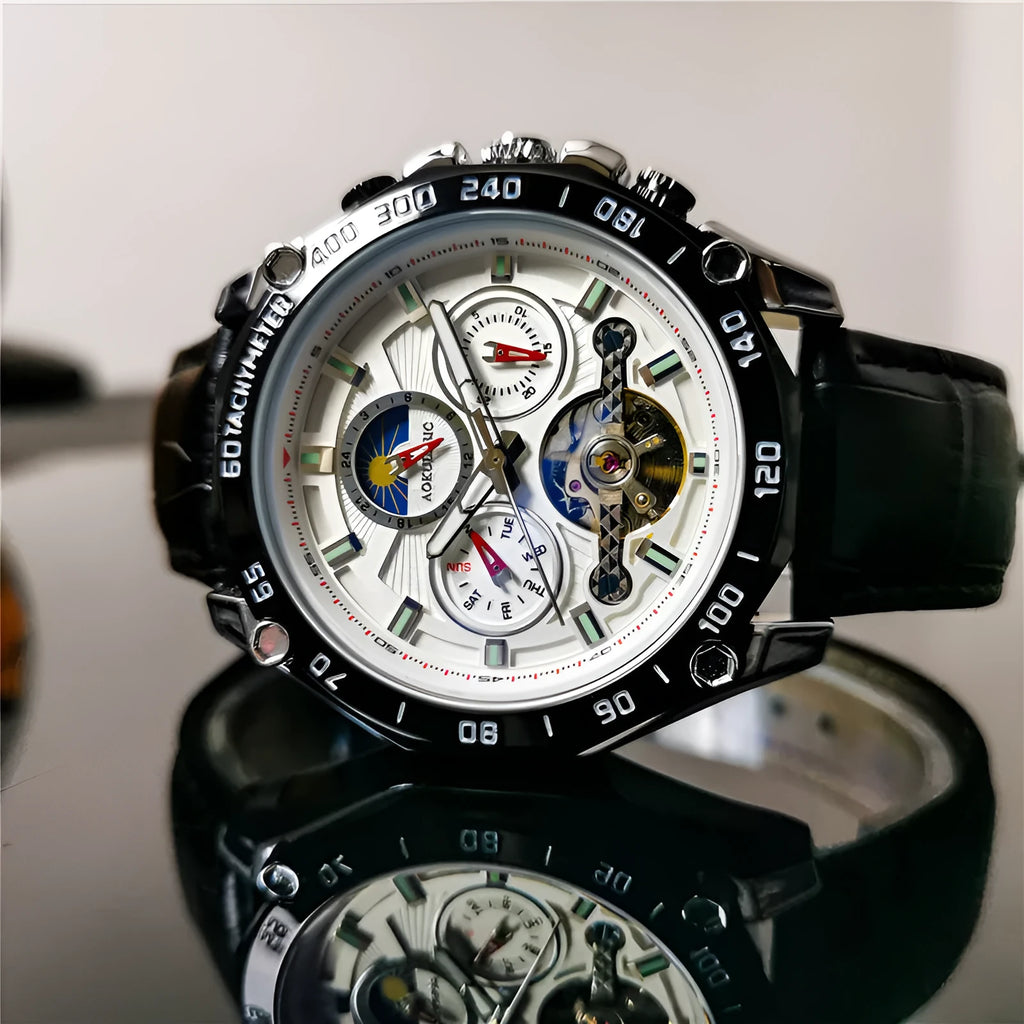 Men's automatic mechanical watch with a 12mm steel case on wrist, showing black dial and black case option.