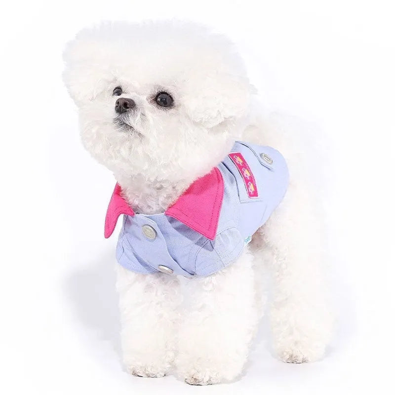 Blue and purple polyester dog vest with traction rope ring showing size options from XXS to XXL
