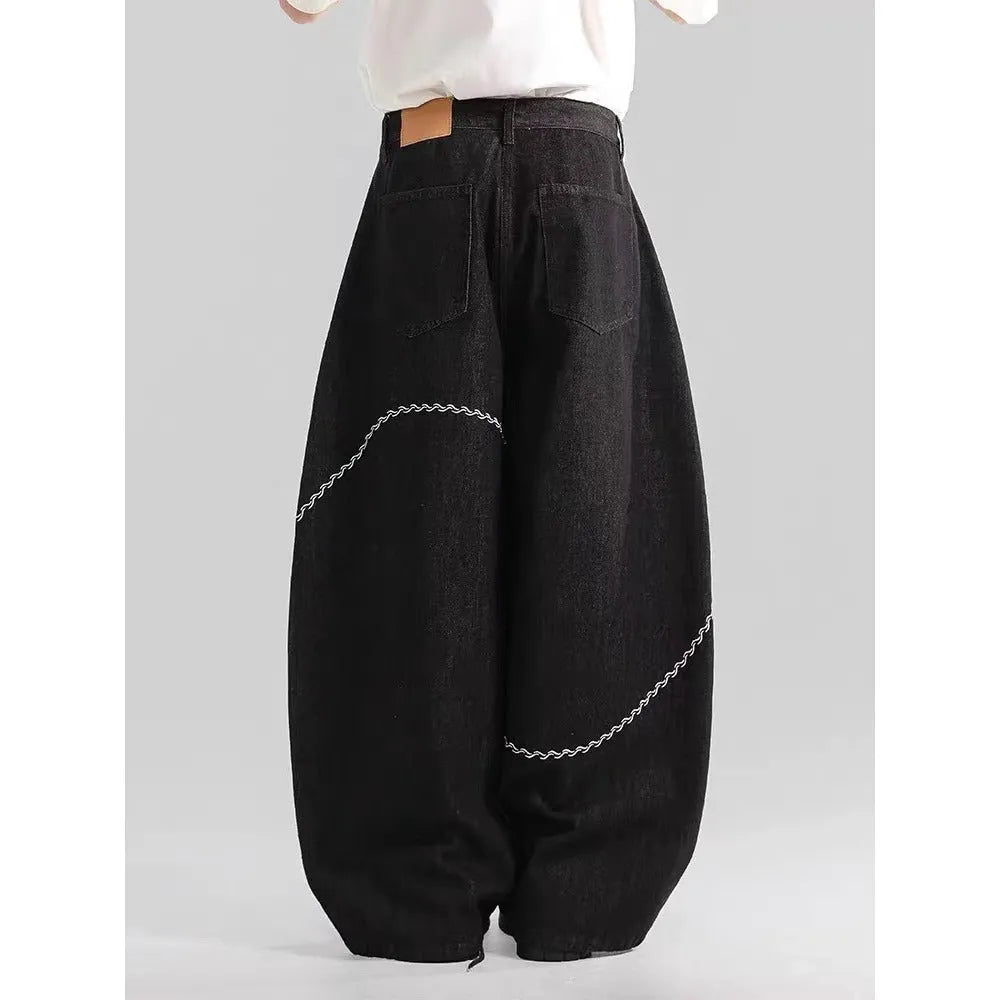 Black straight-leg denim trousers with micro-elastic fabric for autumn and winter wear