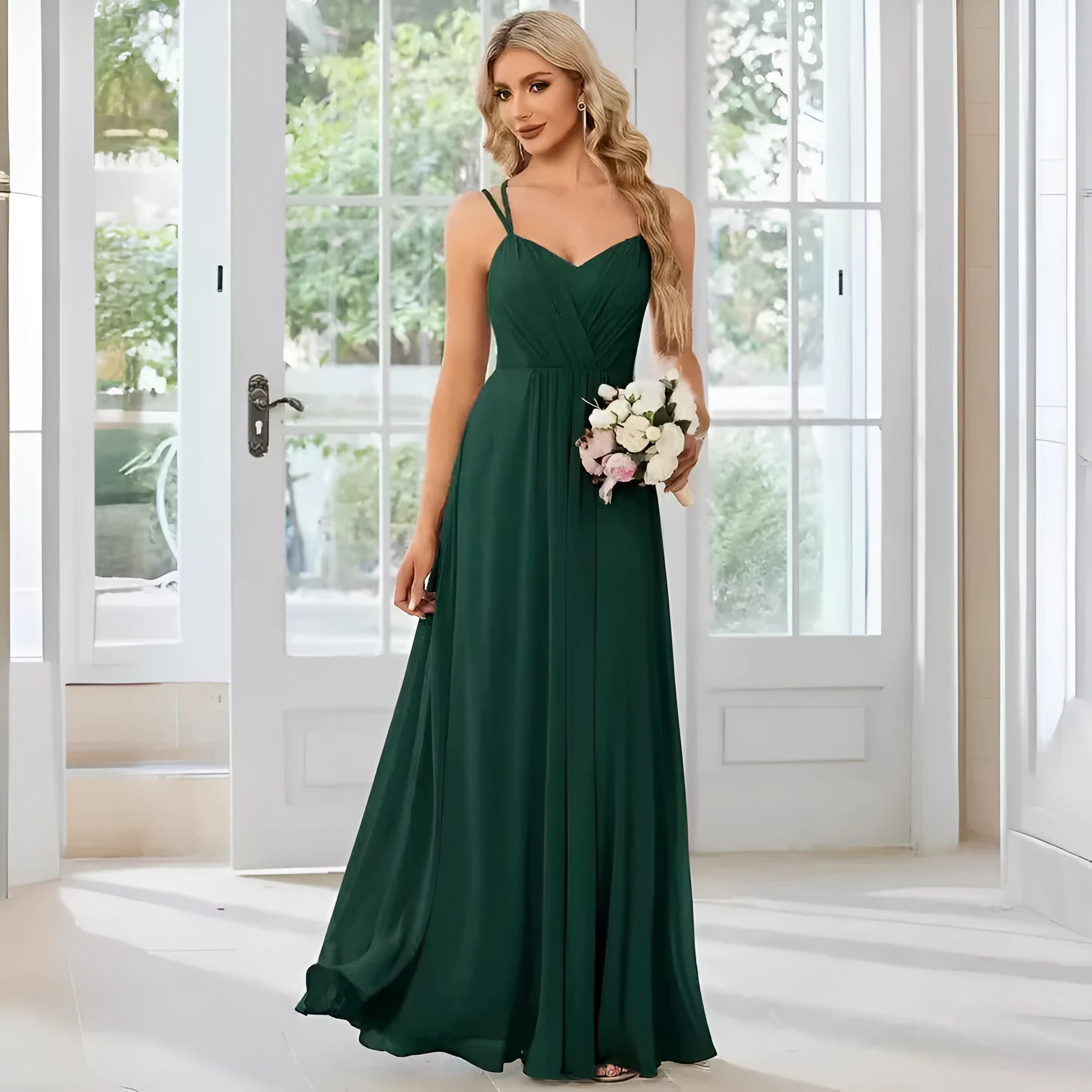Women's sleeveless sling neck pleated dress in light green with A-line skirt for banquet events