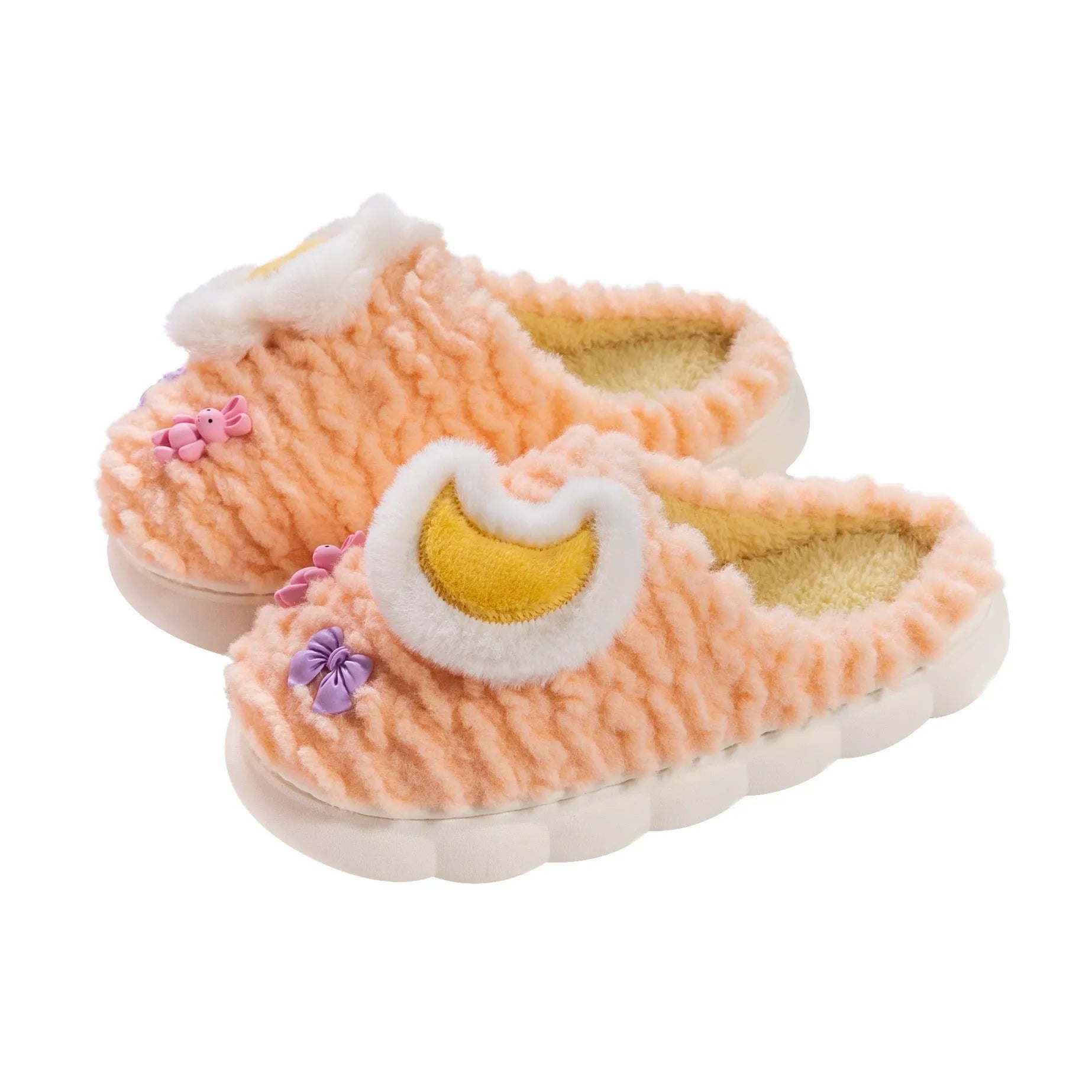 Women's light blue fleece-lined cotton slippers with cartoon animal pattern and plush upper