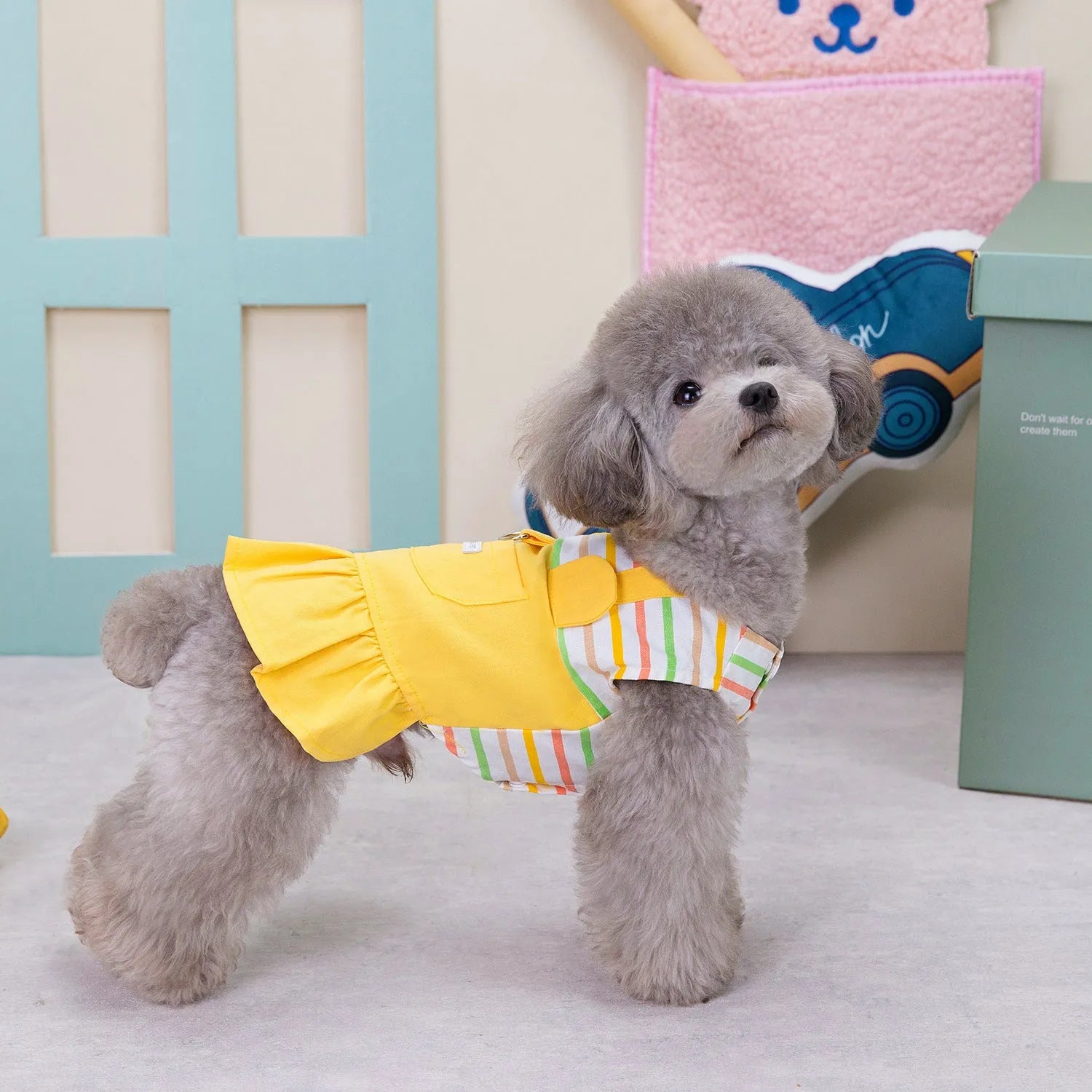 Striped patchwork dog skirt in cotton fabric available in orange and yellow colours