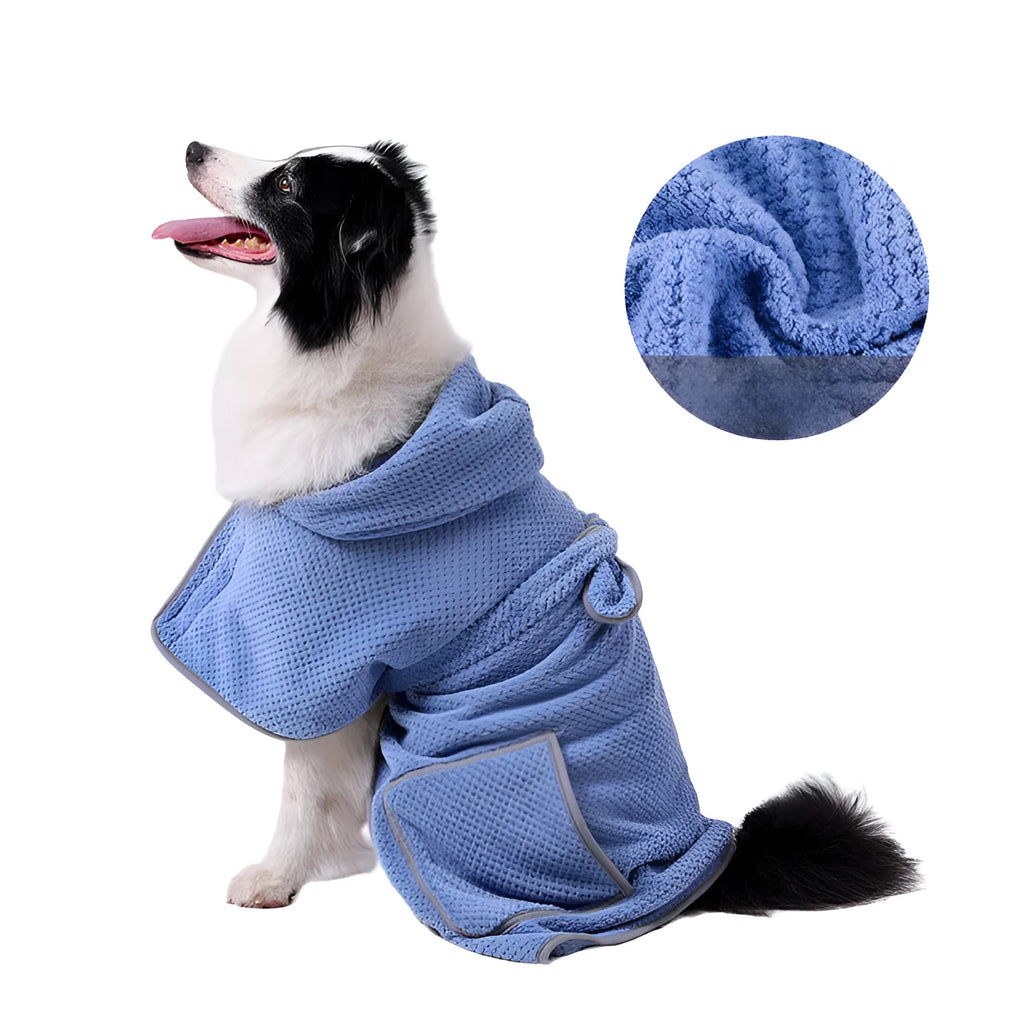 Blue adjustable dog bath robe towel showing waistband and size chart for XS to XL