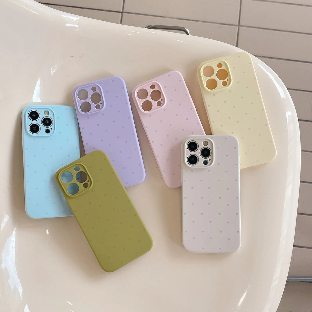 Liquid silicone phone case with love heart design in grass purple for iPhone 13, showing all-inclusive fit
