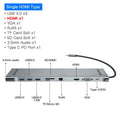 Grey aluminium alloy USB-C hub with cooling bracket showing ten ports including HDMI, VGA, Ethernet and USB