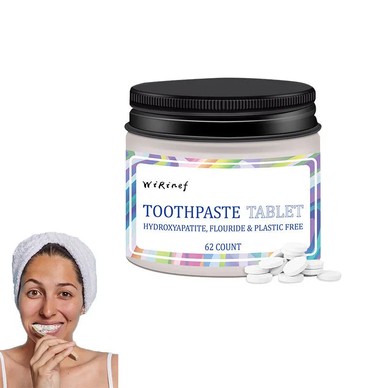 Portable mint toothpaste tablets in white container, 62 pieces for travel dental care