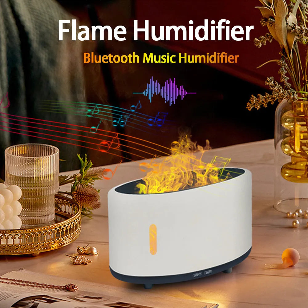 Bluetooth remote control flame humidifier aromatherapy machine with LED light in three colour options.