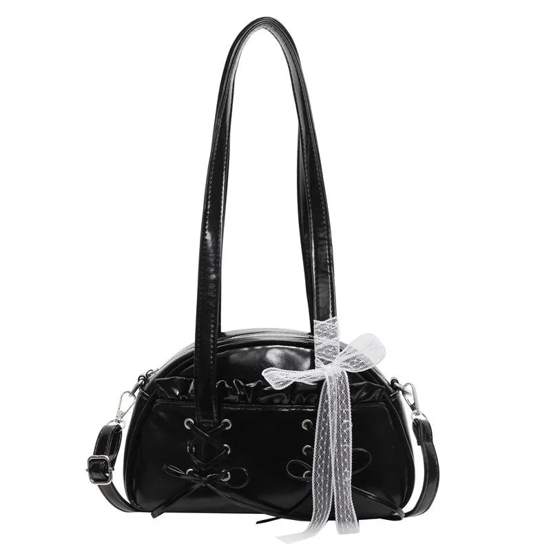 Milky White women's casual shoulder handbag with a bandage bow and sewing thread detail.
