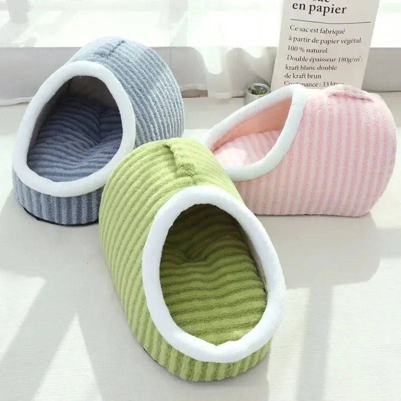 Thickened 3D striped pet bed with removable sponge padding in blue, green, pink or yellow