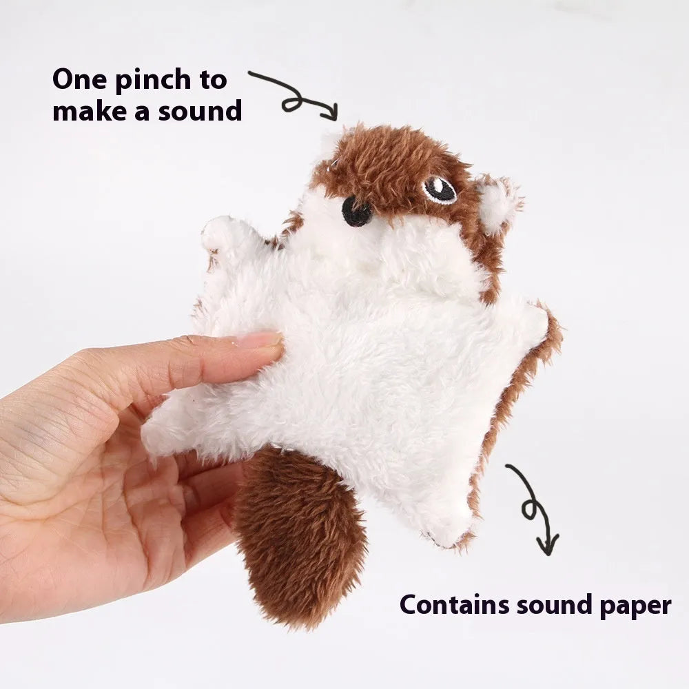 Plush flying squirrel cat teaser toy with ringing paper sound in brown and grey colours