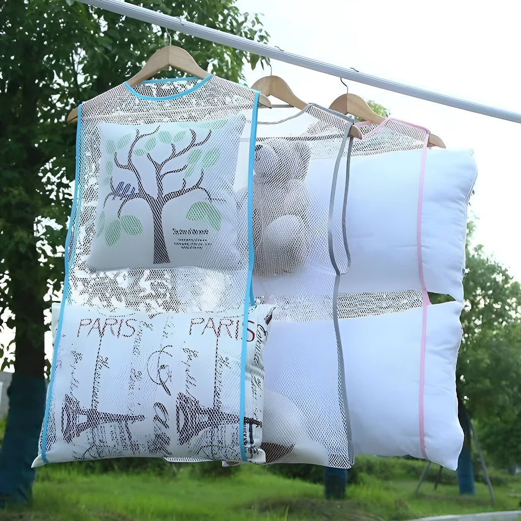 Pillow drying gadget fabric mesh hanger in white, windproof design for outdoor use