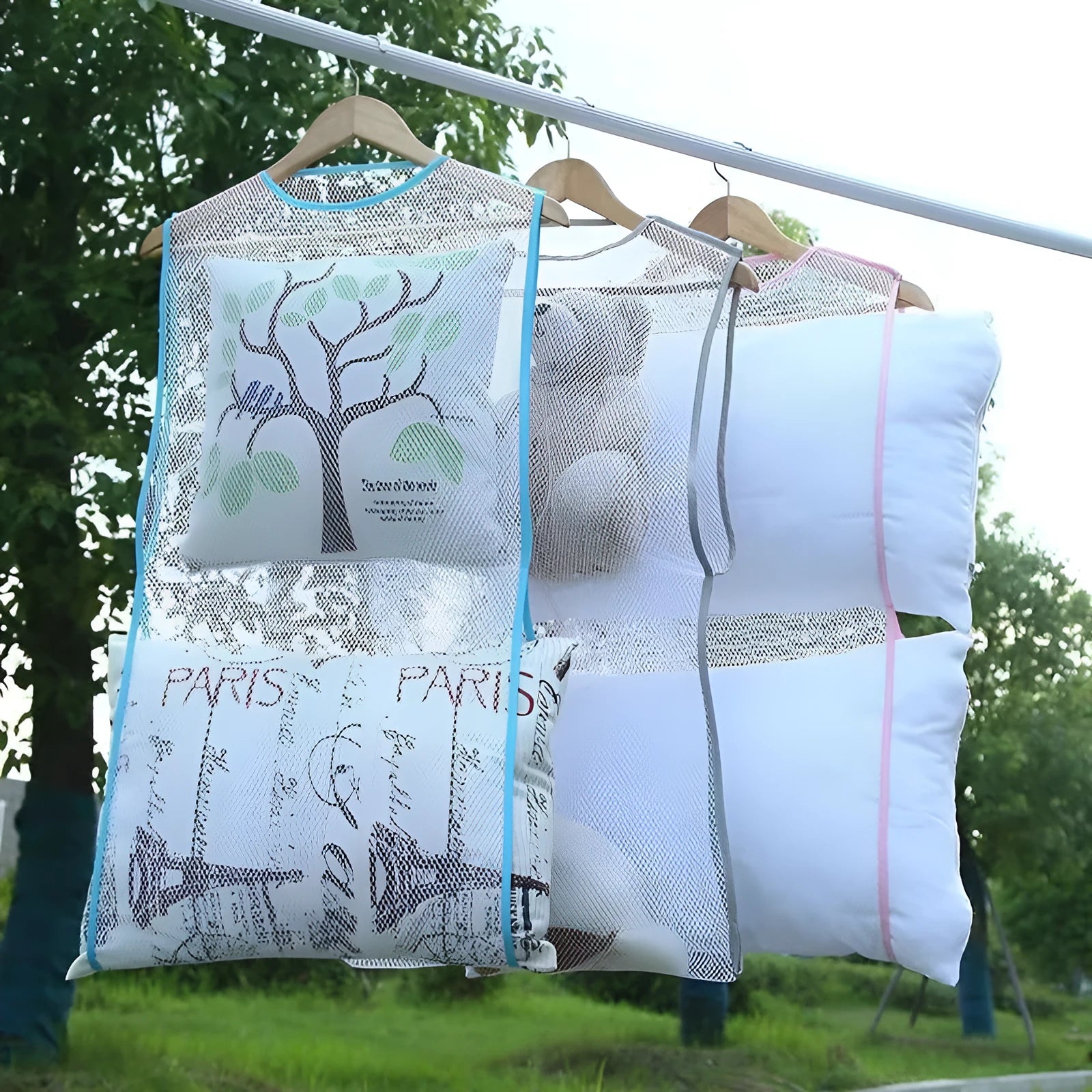 Pillow drying gadget fabric mesh hanger in white, windproof design for outdoor use