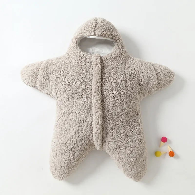 Cashmere and cotton baby sleeping bag with hood, zipper, and cuffs for 0–6 month winter use