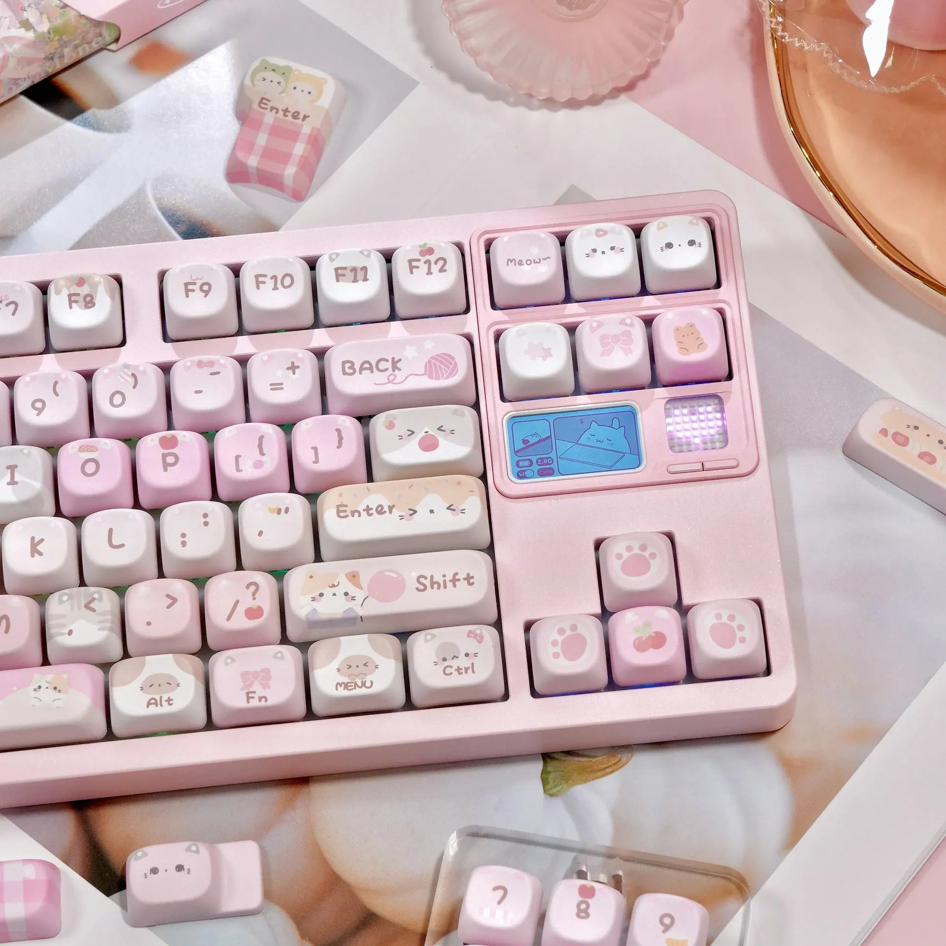 MOA height pink plastic key caps with cartoon character design on all five sides