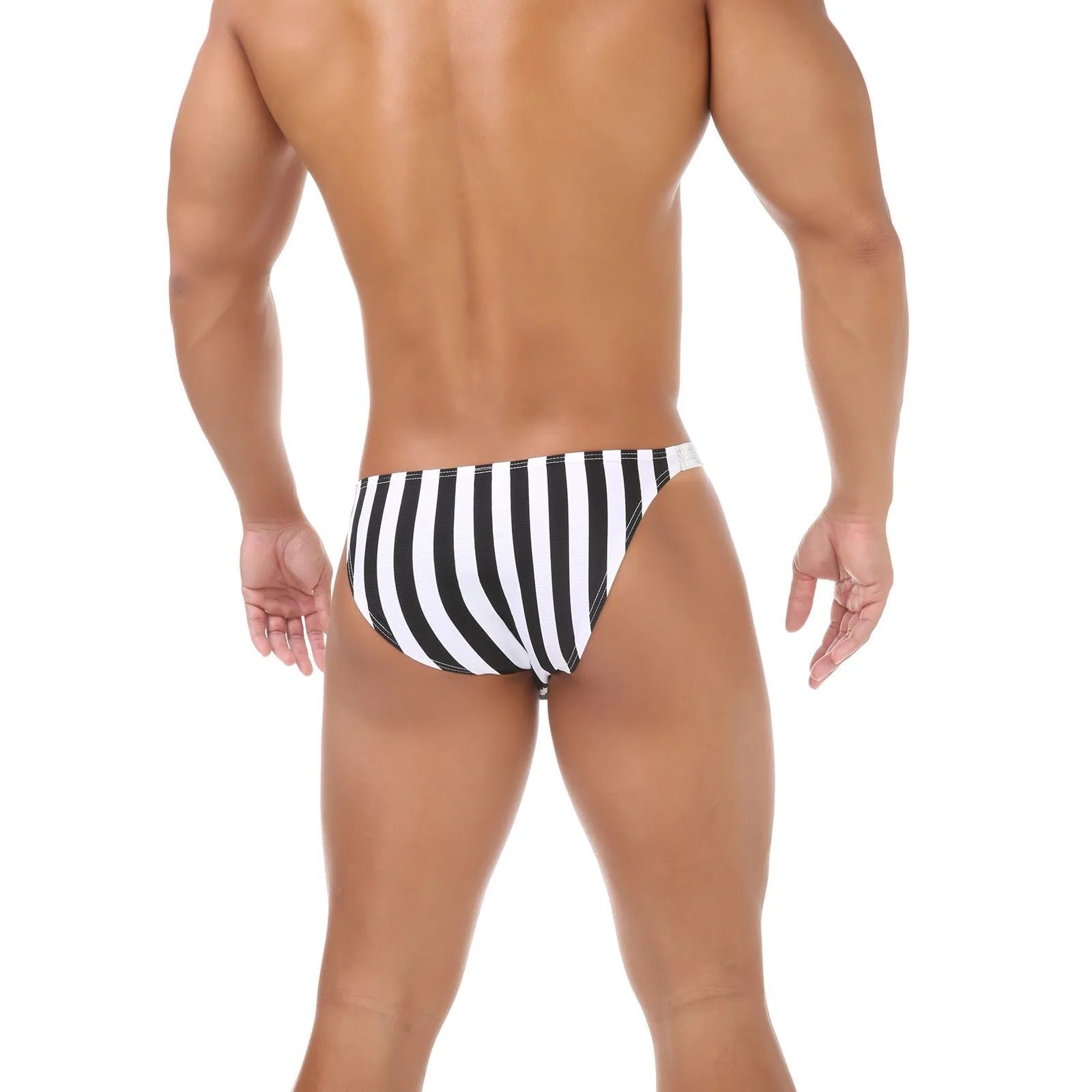 Men's zebra stripe pattern briefs in shiny nylon fabric with low-waist U-pouch design