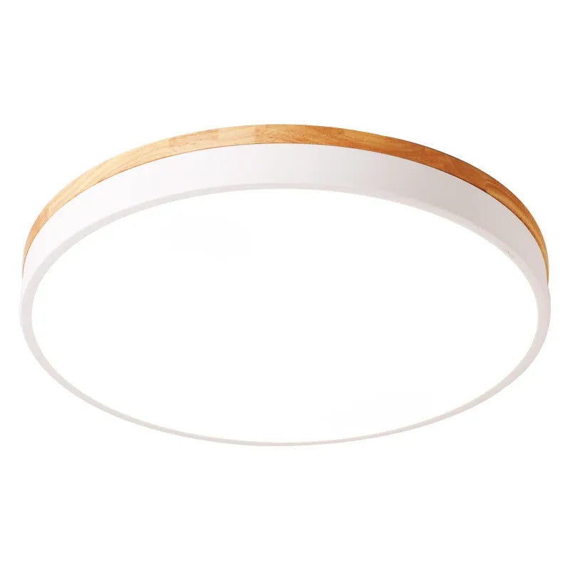 Round Nordic style LED ceiling lamp with solid wood and iron frame in white finish