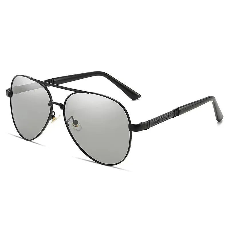 Men's metal frame polarised sunglasses in gold, black, and silver with grey or colour-changing lenses.