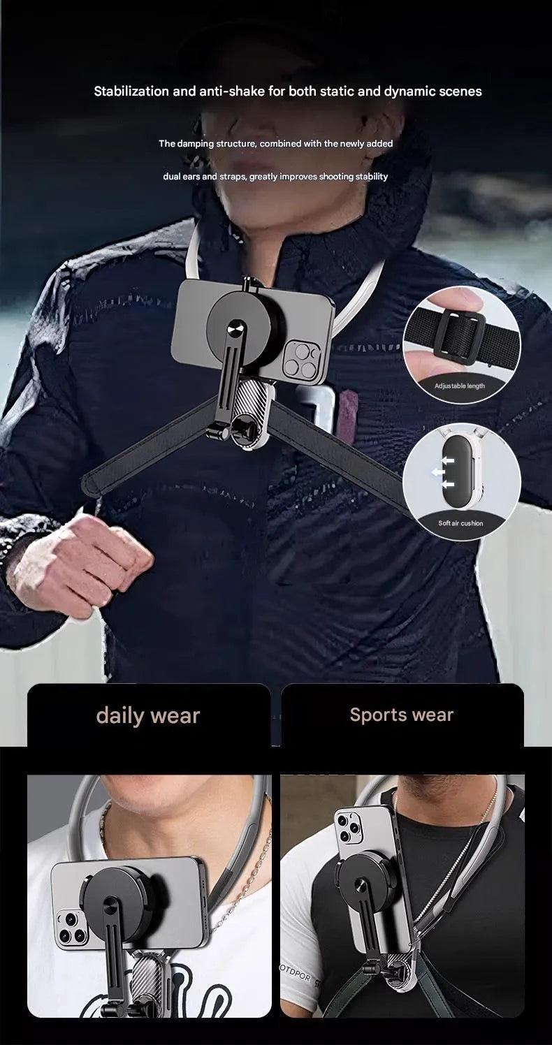 Magnetic neck strap mount for mobile phone and action camera, hands-free chest mount for live streaming and cycling.