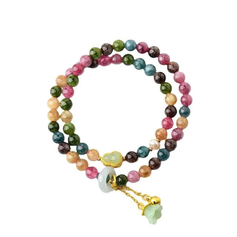 Women's natural chalcedony double ring bracelet with geometric 6-6.5mm beads in C118 colour