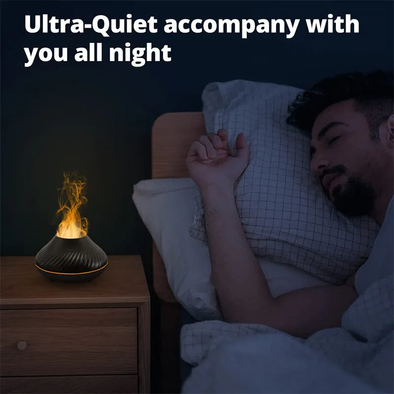 Volcanic flame aroma diffuser with LED lights and water mist emission