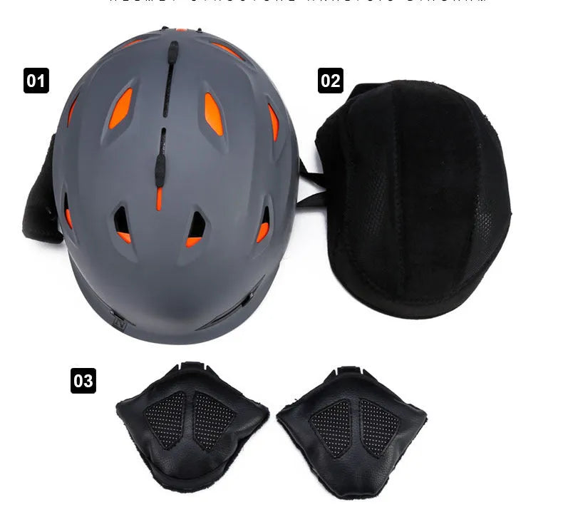Adult ski helmet with EPS and PC shell in black, grey, and white options, sizes M and L for head circumference 57-62cm