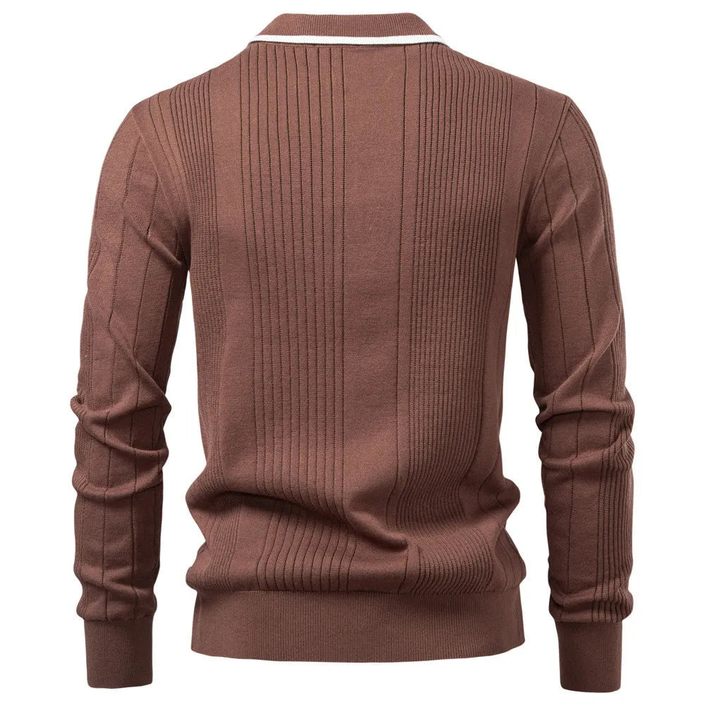 Men's knitted sweater with lapel zipper, long sleeves, dark blue, viscose blend pullover
