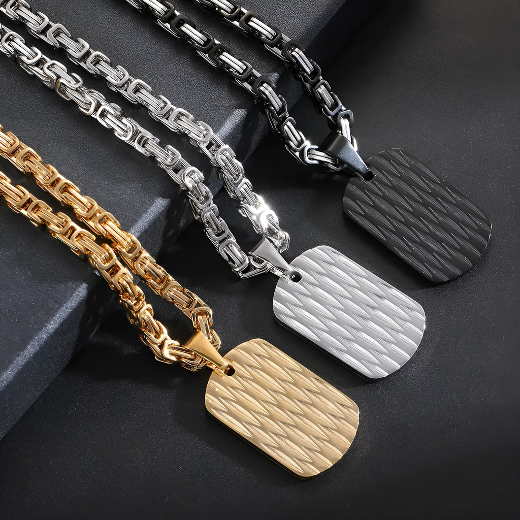 Men's titanium steel water ripple geometric pendant necklace on adjustable Emperor Chain