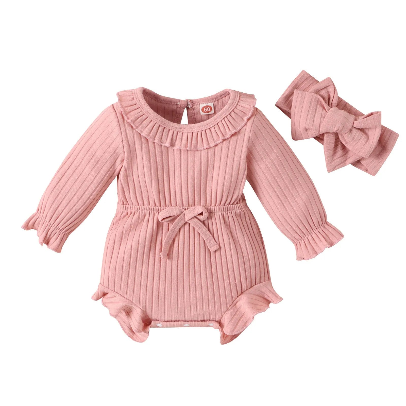Baby girl long sleeve striped cotton romper with headscarf in white, pink, and brown options