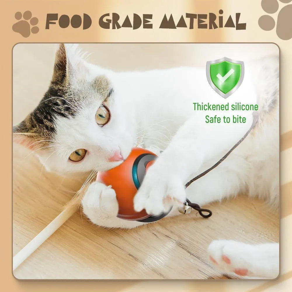 Blue and red rechargeable self-moving interactive ball toy for indoor cats and dogs on a plain background.