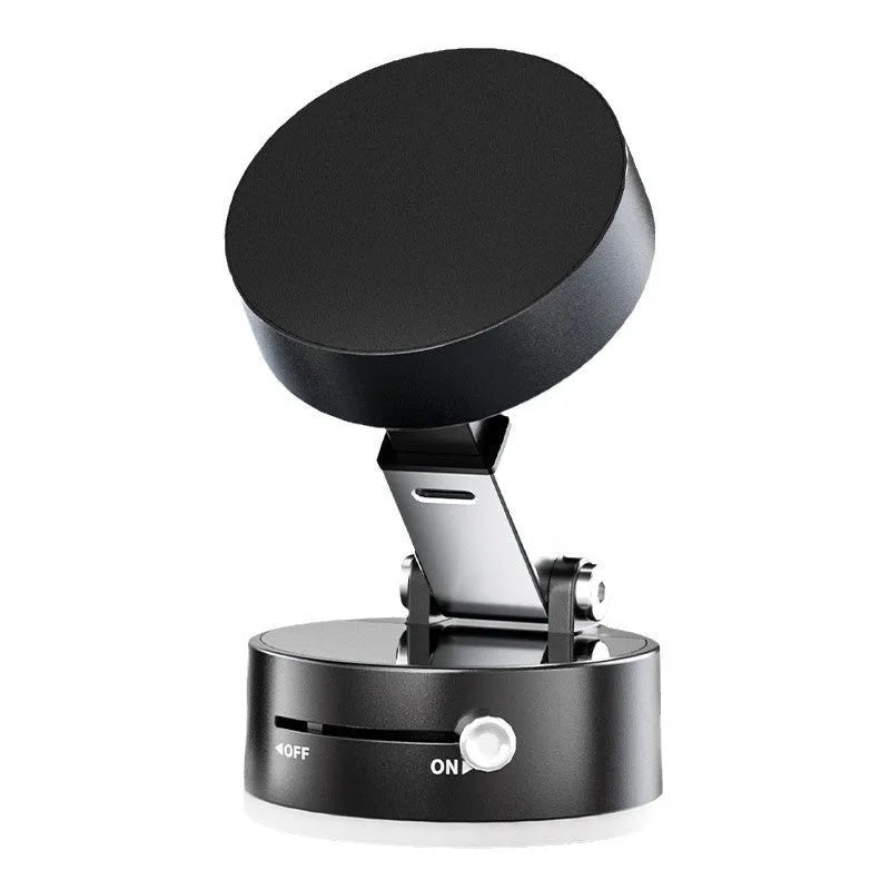 Vacuum magnetic suction phone bracket in black on car dashboard holding a smartphone