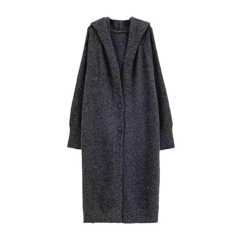 Korean style long hooded cardigan for women in a wool blend fabric, shown in oatmeal colour.