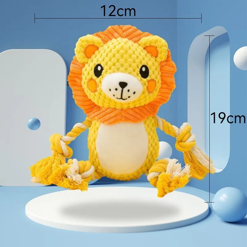 Plush squeaky dog toy bundle showing lion and monkey designs for medium to large dogs