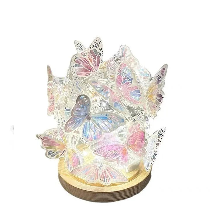 Handmade butterfly-shaped night lamp with glass shade and raw wood base, 12x15cm.