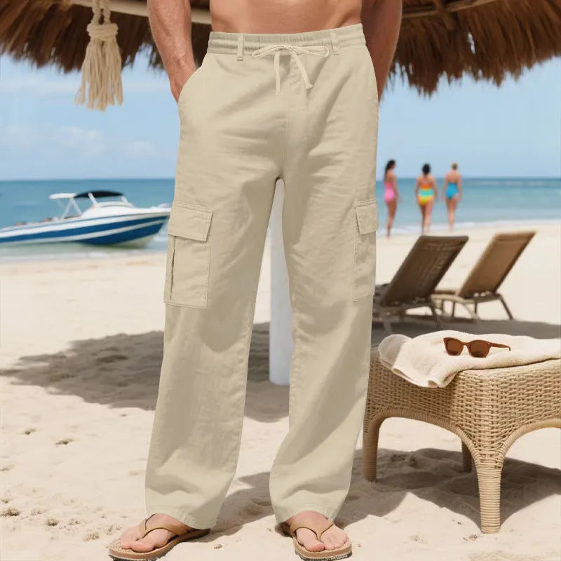 Men's linen workwear trousers with drawstring waist, multiple pockets and straight leg, in Army Green, Black, Khaki, Light Blue or White