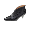 Women's black V cut pointed toe embossed Martin boots with chunky heel