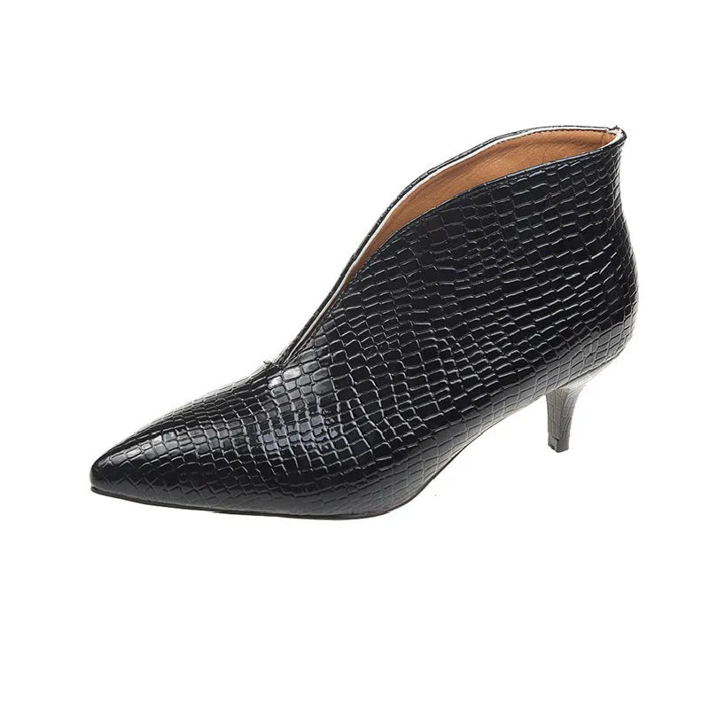 Women's black V cut pointed toe embossed Martin boots with chunky heel