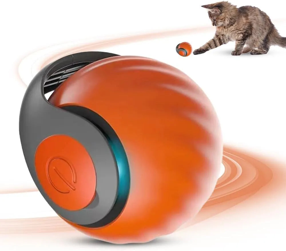 Blue and red rechargeable self-moving interactive ball toy for indoor cats and dogs on a plain background.