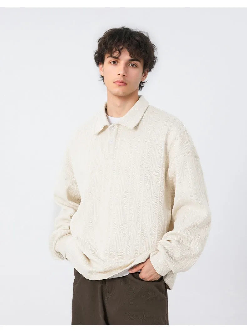 Men's texture jacquard lapel sweater in black or creamy-white, loose autumn pullover, sizes M to XXL