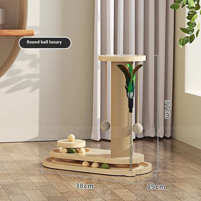 Solid wood cat scratching post with turntable climbing platform in various style configurations
