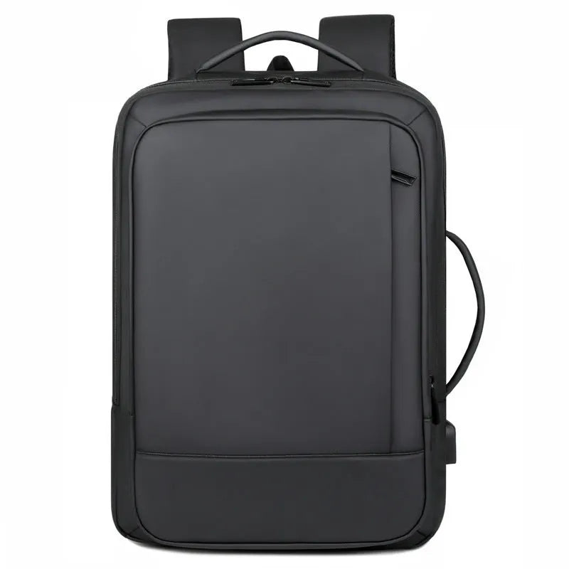 Men's large capacity waterproof backpack in black with curved shoulder straps and business styling