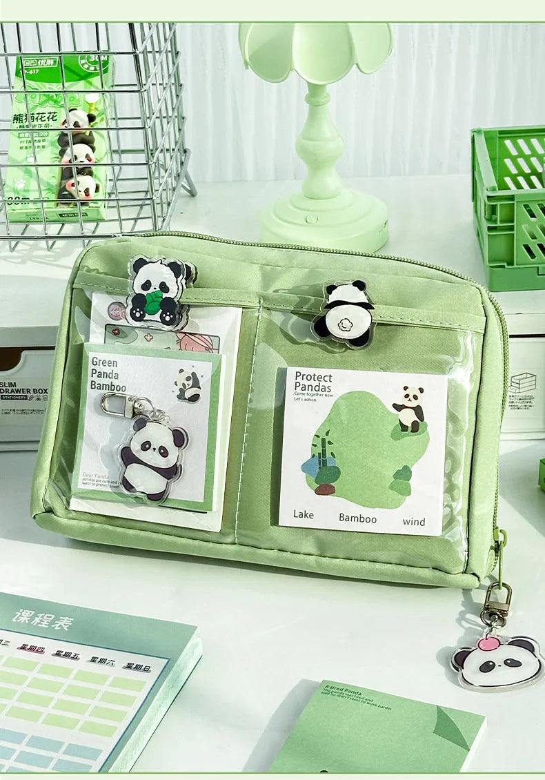 Green canvas 12 layer panda pencil case with Korean style design, open to show multiple compartments.