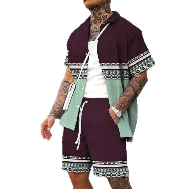 Men's wild printed short sleeve shirt and shorts set in a young casual style for summer leisure, polyester fibre blend fabric