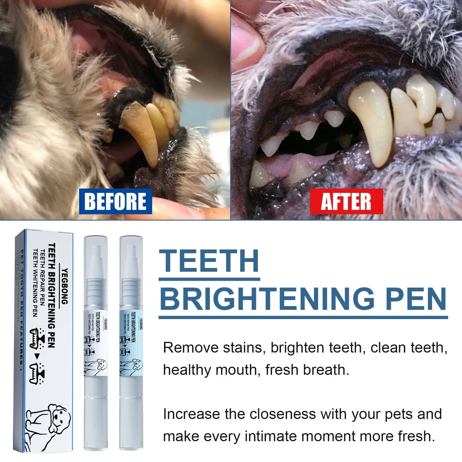 Yegbong pet teeth whitening and tartar removal pen set with two dental brushes for dogs and cats.