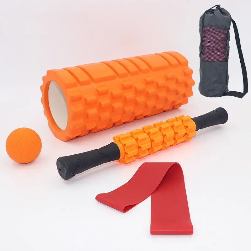 Black six-piece fitness foam massage roller stick, 33 cm long on a white background.